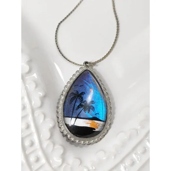 Vintage Morpho Butterfly Wing Pendant Necklace Painted Forest Palm Tree Blue - Picture 9 of 11